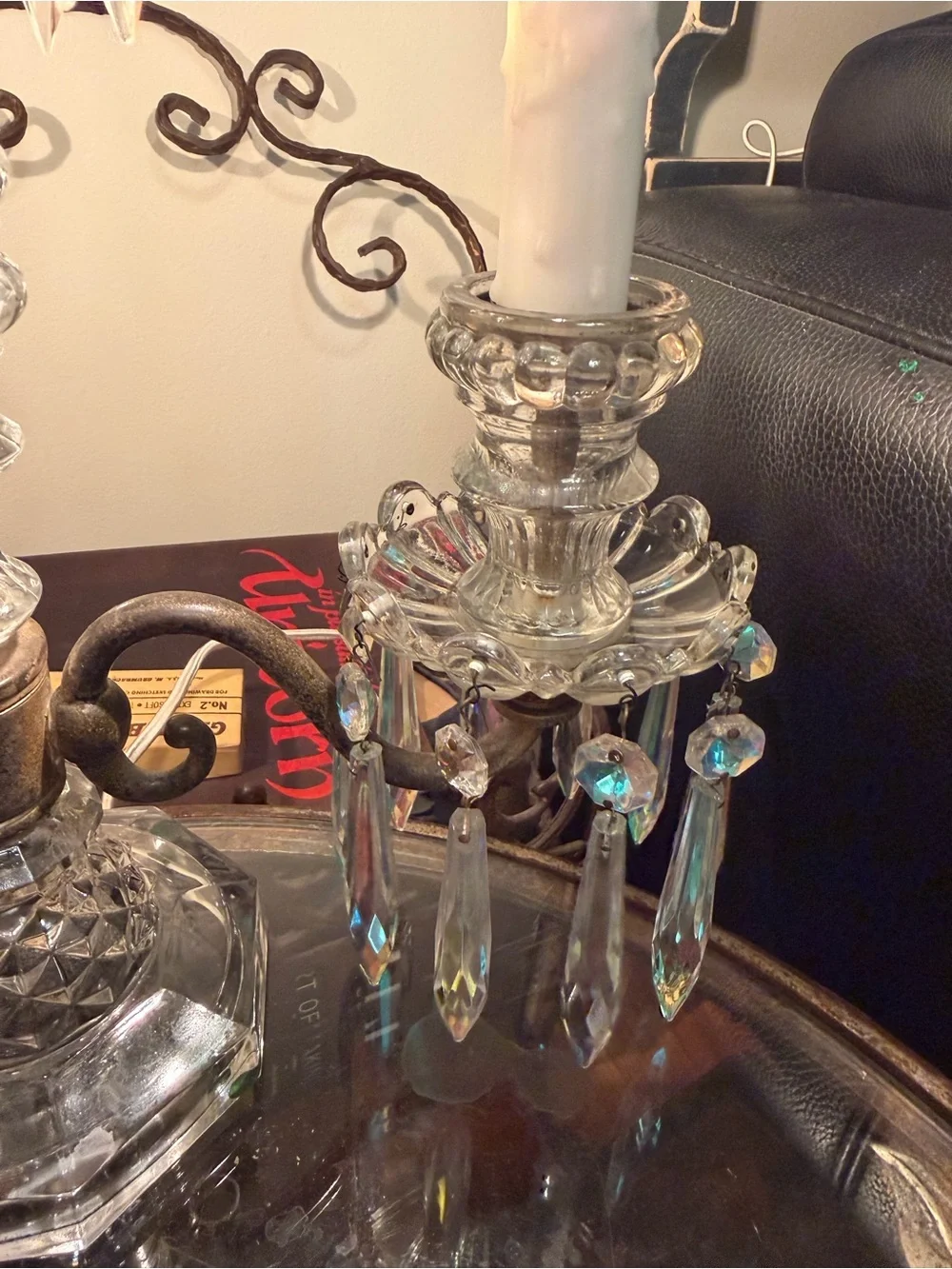 Antique Rare Aurora Borealis Crystal Dual Arm Candelabra Lamp Baccarat Style